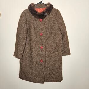 Vintage Brown Tweed Wool Swing Coat W/Mink Collar, Fully Lined, Sz M-L